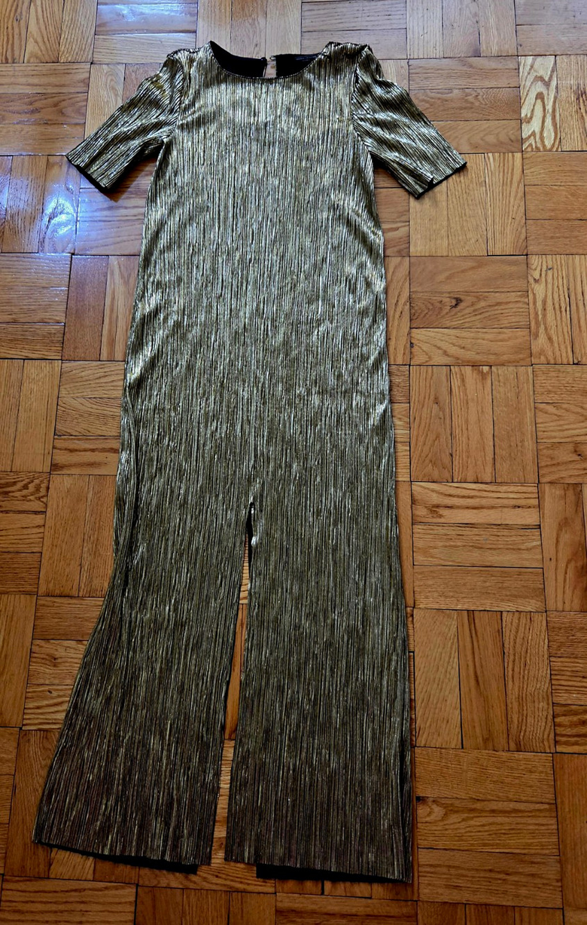 ZARA Trafaluc Metallic Gold Pleated Wide-Leg Dress With Slit Cap Sleeve Sz S